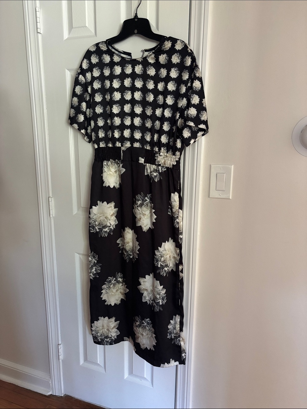 Black Floral Midi Dress with Cream White Blooms